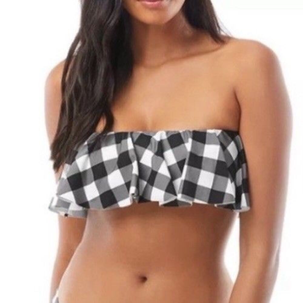 Kate Spade Bikini TOP Ruffle Bandeau Sz Large Black White Checkered Print NWT